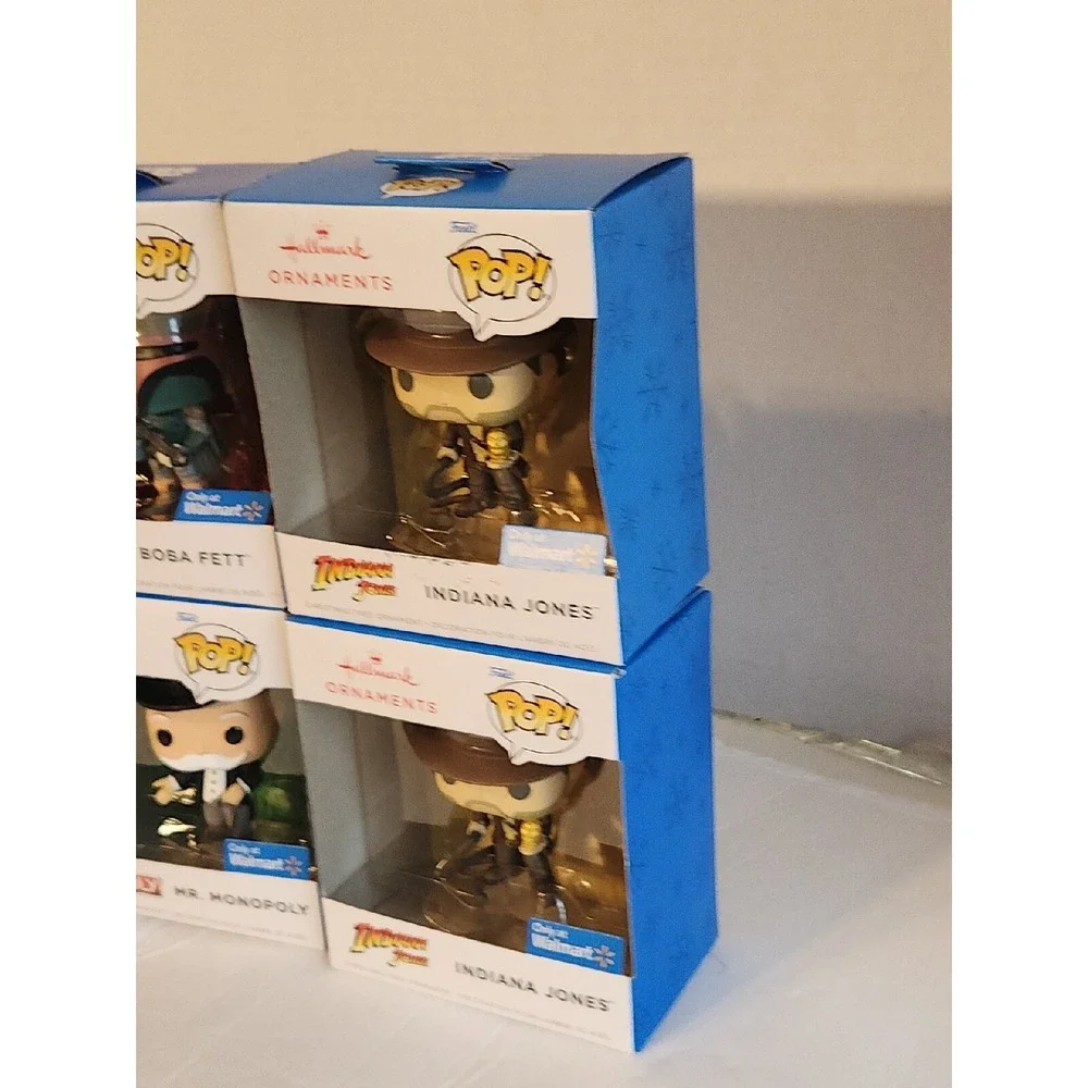 Hallmark Funko Pop Ornaments Indiana Jones(2)  Mr Monopoly Boba Fett 4 Total New
